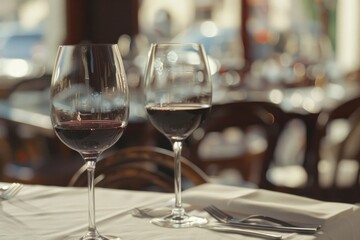 Poster - Two glasses of wine on a table, perfect for restaurant menus or wine promotions