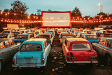 Fototapeta Sawanna - Families enjoying a drive-in movie night, cuddled up in vintage cars, munching on popcorn, and watching classic films.