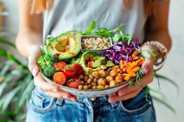 Poster - A woman holding a bowl of food. Perfect for food blogs or recipes
