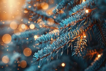 Poster - Close up of a pine tree with lights in the background. Suitable for holiday concepts