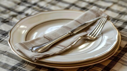Poster - A simple image of a plate with a fork and knife. Ideal for restaurant menus or food-related designs