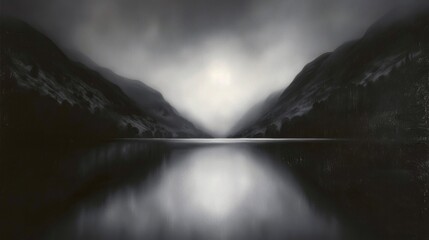 Sticker - a black and white photo of mountains and a body of water with a light at the end of the picture.