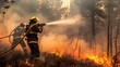 Two Firefighters holding a hose to extinguish a Forest Fire