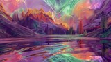 Fototapeta Fototapety na ścianę - Krajobraz jeziora z górami w tle jako kolorowy marmur