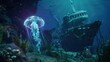 Podwodny krajobraz z zatopionym statkiem i meduzami