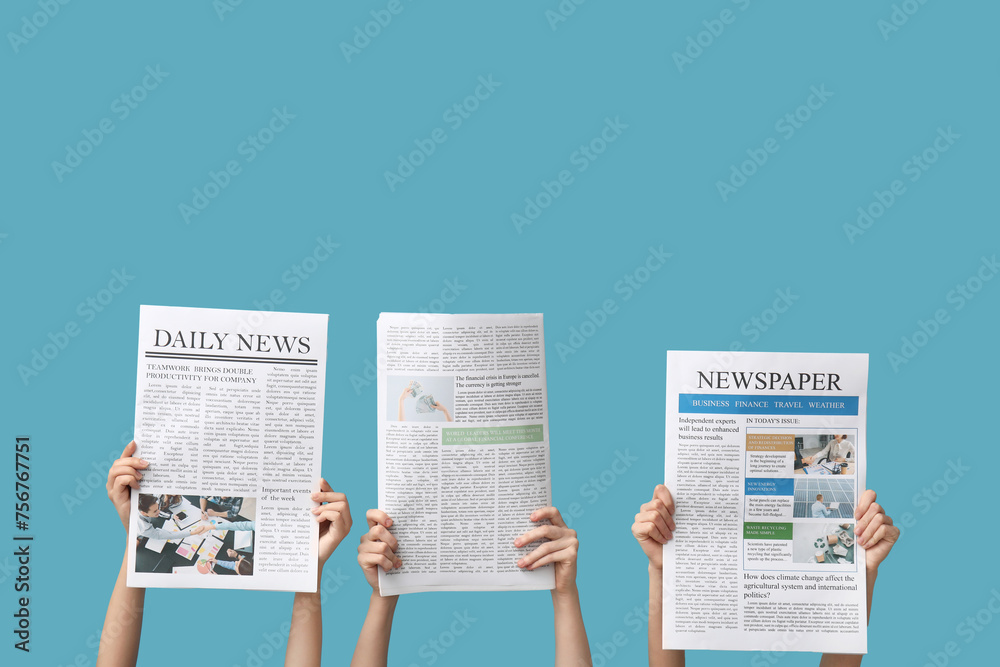 Women with newspapers on blue background