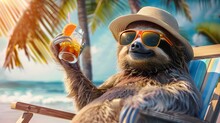 Happy And Smiling Sloth Wearing Summer Hat And Stylish Sunglasses, Holding Cocktail Glass, Sits On Beach Chair Under The Palms. Summer Holiday And Vacation Concept. 