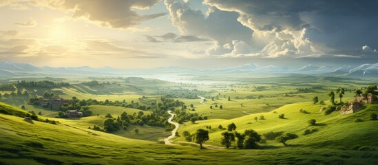 Wall Mural - Cumulus clouds part to reveal the sun shining over a verdant valley with lush grass, trees, and a picturesque rural landscape