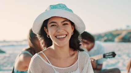 Poster - Young woman, happy and face on beach vacation to relax and travel adventure on summer break. Brazilian person, portrait and positive on holiday for wellness and friends with playing music by ocean