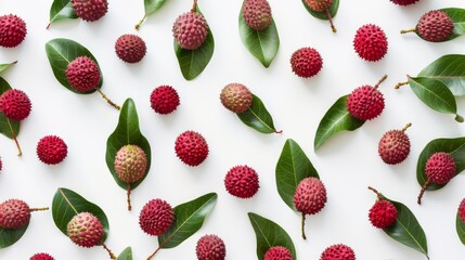 Wall Mural - Scattered fresh lychee fruits with green leaves on white backdrop. Assorted ripe lychees with foliage spread on clean surface. Artistic display of exotic lychees with leaves on white.