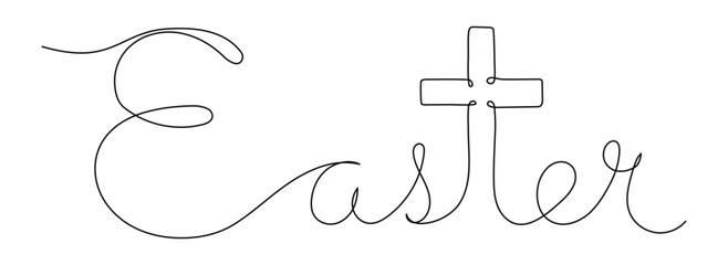 Wall Mural - Easter one continuous line lettering with Christian cross instead letter t. Faith, religion concept. Hand drawn vector illustration with editable stroke isolated on transparent background