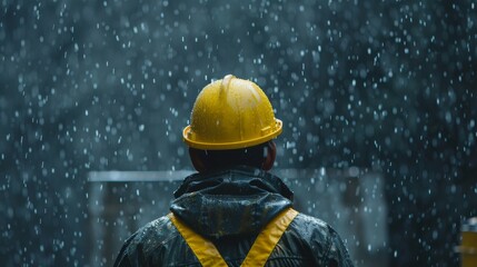 Construction worker enduring heavy rainfall at a job site. Worker in yellow hard hat facing challenging weather conditions. Manual labor perseverance in adverse outdoor environment.