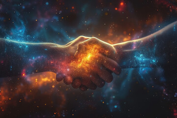 Poster - A handshake amidst a cosmic background with stars and galaxies, representing partnerships that transcend earthly boundaries. Concept of universal connections. Generative Ai.