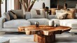 Live edge wooden coffee table near corner sofa. Interior design of modern living room in farmhouse.