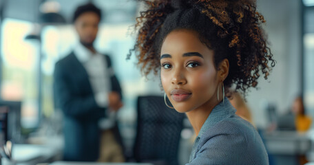Poster - a young african american businesswoman working at her desk in an office, with another businessman st