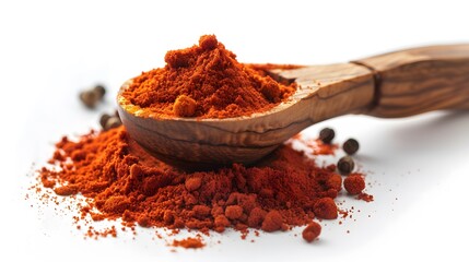 Red paprika, cayenne pepper powder in wooden spoon pile isolated on white, side view