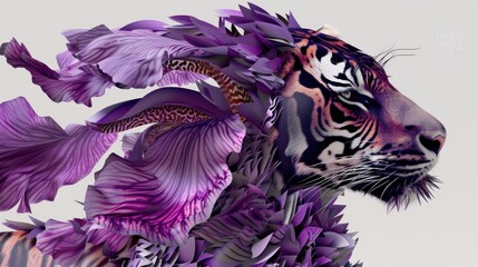 Wall Mural - a digital painting of a tiger with purple flowers on it's back and a fish in it's mouth.