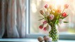 A serene bouquet of tulips and speckled eggs on a windowsill, bathed in soft sunlight.