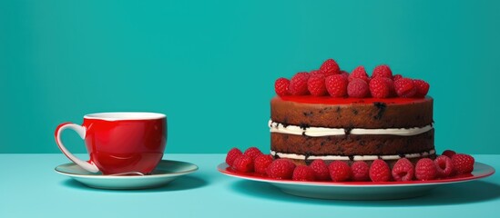 Poster - An electric blue table set with magenta tableware showcasing a decadent chocolate cake topped with raspberries, accompanied by a cup of coffee served on a matching dishware. Perfect for any event