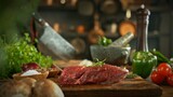 Fototapeta Tęcza - Raw Beef Steak Served on Wooden Cutting Board.