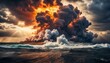 Fiery cloud burst over turbulent ocean waves, sunset illuminating explosive sky. Atomic explosion, nuclear explosion, nuclear bomb
