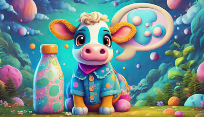 Wall Mural - Baby cow speech bubble on blue wall. a bottle milk