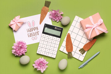 Poster - Composition with greeting card, stationery and Easter decor on green background