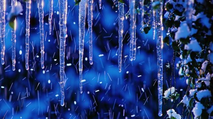 Wall Mural - a group of icicles hanging from the side of a building next to a forest filled with snow covered tre