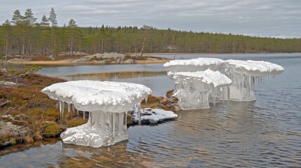 a group of ice formations floating on top of a body of water next to a lush green forest covered in snow.