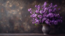 A Vase Filled With Purple Flowers Sitting On Top Of A Wooden Table On Top Of A Wooden Table Next To A Wall.