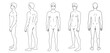 © arismint - Outline anatomical naked body full length of a man, front, side, 3-4 and back view, vector illustration. Body isolated on white