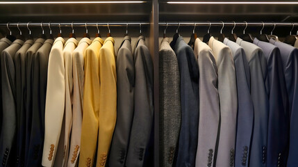 Wall Mural - Full rack of men suit jackets of various colors hanging on the wooden clothes hanger in the wardrobe closet. Formal business wear, fashionable and luxury classic male apparel collection