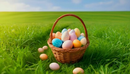 Wall Mural - Basket of easter eggs in the middle of green field. Copy space banner for website created with generative ai