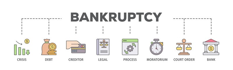Poster - Bankruptcy banner web icon illustration concept with icon of bank ,court order, legal, moratorium, process, creditor, debt, crisis icon live stroke and easy to edit 