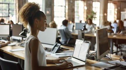 Wall Mural - side view, black female at office desk, over shoulder are multiple workstations with computers placed on each, several workers  