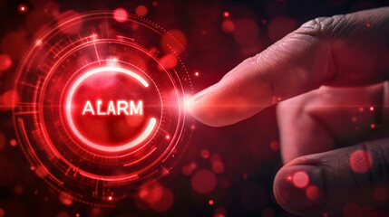 Man's finger touching the virtual red alarm button on the hologram display screen. Technology interface alert control, cyberspace security, device connected to a smartphone. Home or house system