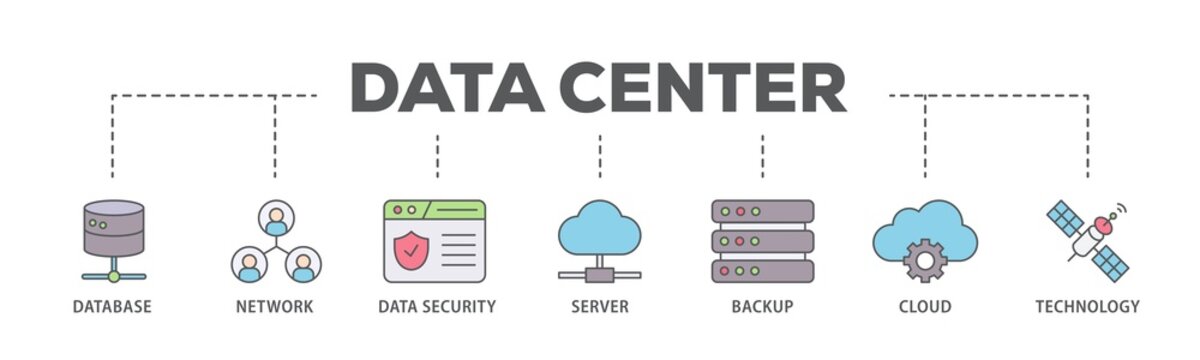 Data center banner web icon illustration concept with icon of database, network, data security, server, backup, cloud and technology icon live stroke and easy to edit 