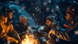 Group of young male friends sitting around the campfire, handsome guys camping in the wilderness, laughing and having a good time in the forest nature. Nighttime winter adventure,snowfall