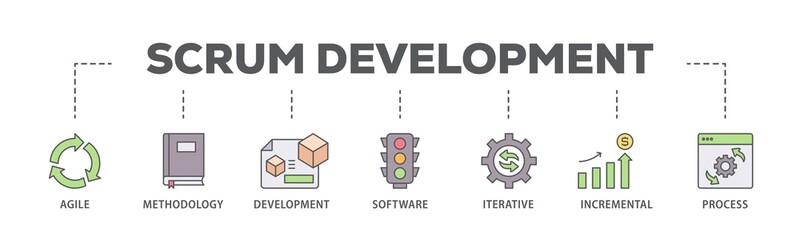 Poster - Scrum development banner web icon illustration concept with icon of agile, methodology, development, software, iterative, incremental and process icon live stroke and easy to edit 