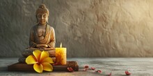 Golden Buddha With Candle And Yellow Flower Copy Space Concept For Spa Or Meditation Center Generative AI