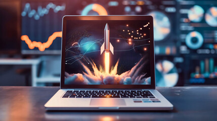 Wall Mural - Rocket ship launching on the laptop or notebook display screen, placed on the table or desk in the office interior. Business startup concept, innovation and new creative idea for company growth