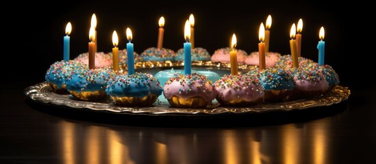 Sticker - A table adorned with a birthday cake surrounded by cupcakes and candles, creating a festive display. The violet font on the cake adds an artistic touch to the event