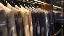 Luxurious Room Full Of Men's Suit Jackets Hanging On The Wooden Clothes Hanger In The Wardrobe Closet. Formal Business Wear, Fashionable And Classic Male Apparel Collection