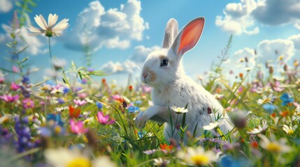Wall Mural - A fluffy white rabbit hopping through a field of wildflowers under a bright blue sky.