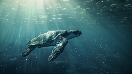 Wall Mural - A leatherback sea turtle swimming gracefully through a crystal-clear ocean, sunlight filtering through the water.