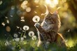 Adorable long hair cat holding dandelion flower in mouth and blowing seeds in park at early morning golden hour sunlight. Cute fluffy pet playing with taraxacum outdoors on sunny spring or summer day.