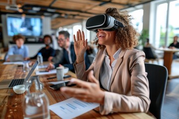 Fototapete - a curly-haired businesswoman engages in a virtual reality session, gesturing vividly while colleague