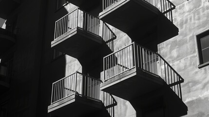 Poster - A stark contrast of shadows and light on the balconies of an apartment complex, showing pattern and rhythm