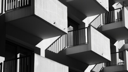 Aufkleber - Sun casting sharp shadows on the balconies of a contemporary apartment building, highlighting urban architecture