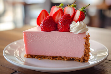 Wall Mural - piece or slice of tasty and light strawberry cheesecake, cake with strawberries